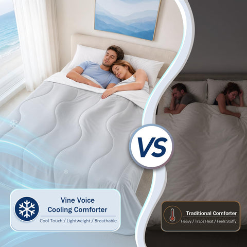 Vine Voice comforter on queen bed with ruler for size and coverage comparison