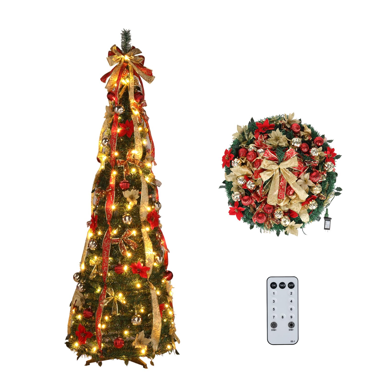 VINGLI front view of pre-decorated tree showing lights and ornaments for instant decor