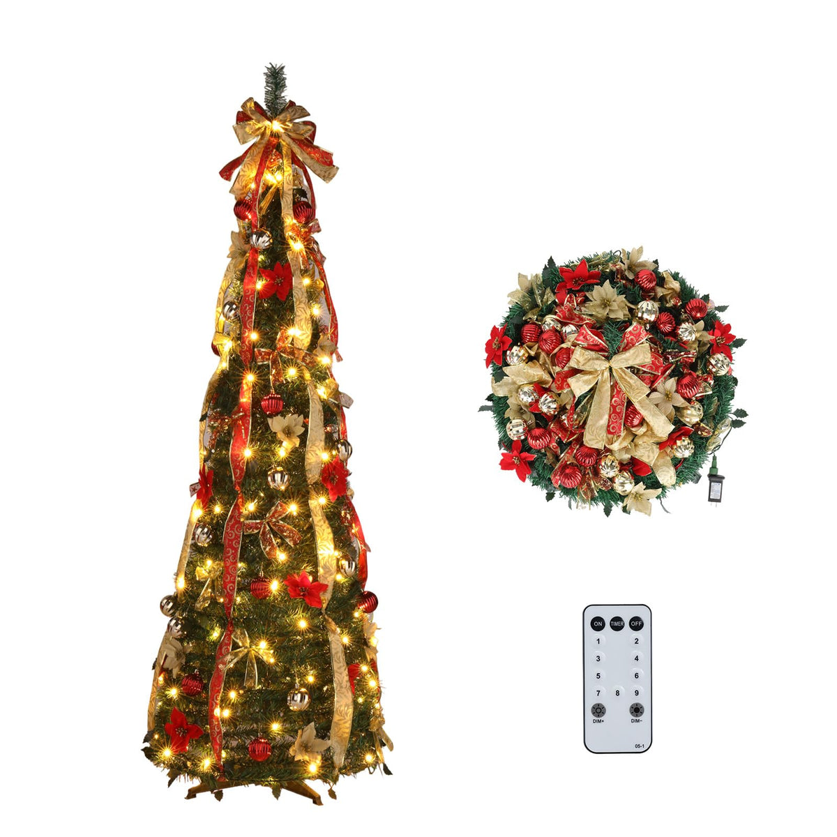 VINGLI front view of pre-decorated tree showing lights and ornaments for instant decor