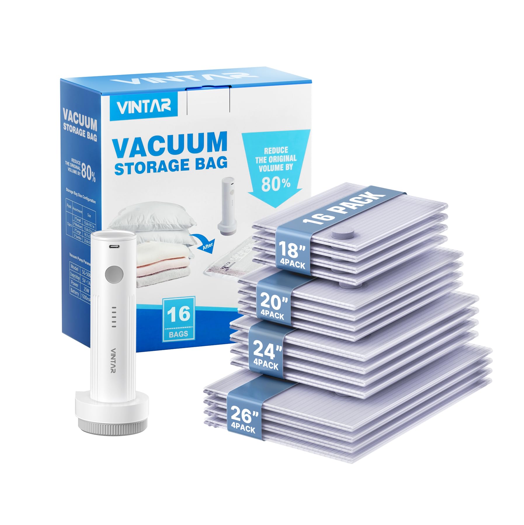 VINTAR front packaging showing 16-pack vacuum bags and pump, space-saving benefit