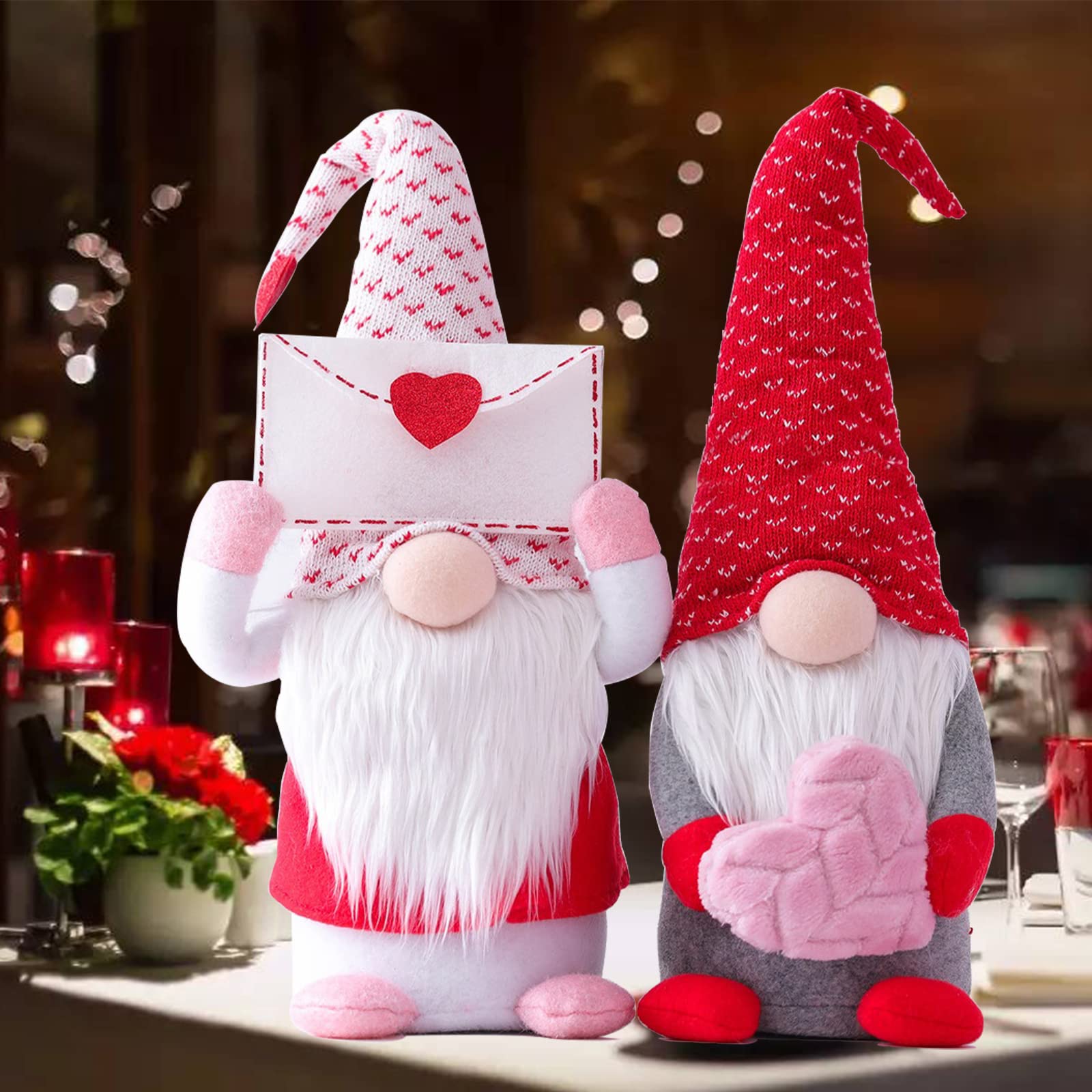 Vintend front view of Mr and Mrs gnomes showing charming Valentine decorations and gift appeal