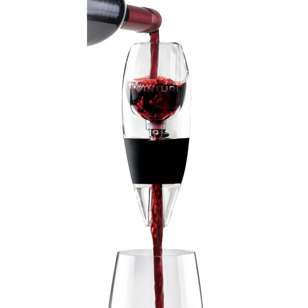 Vinturi aerator beside wine bottle showing size and countertop fit