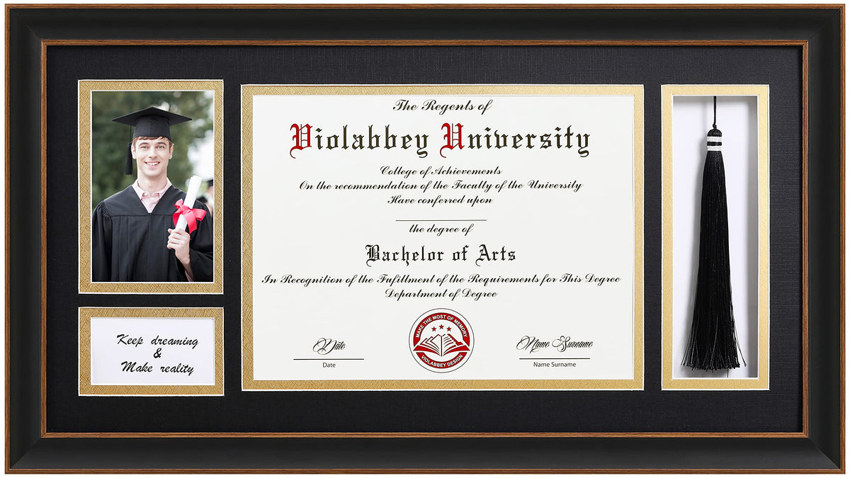 VIOLABBEY diploma frame front view showing diploma and tassel organizer benefit