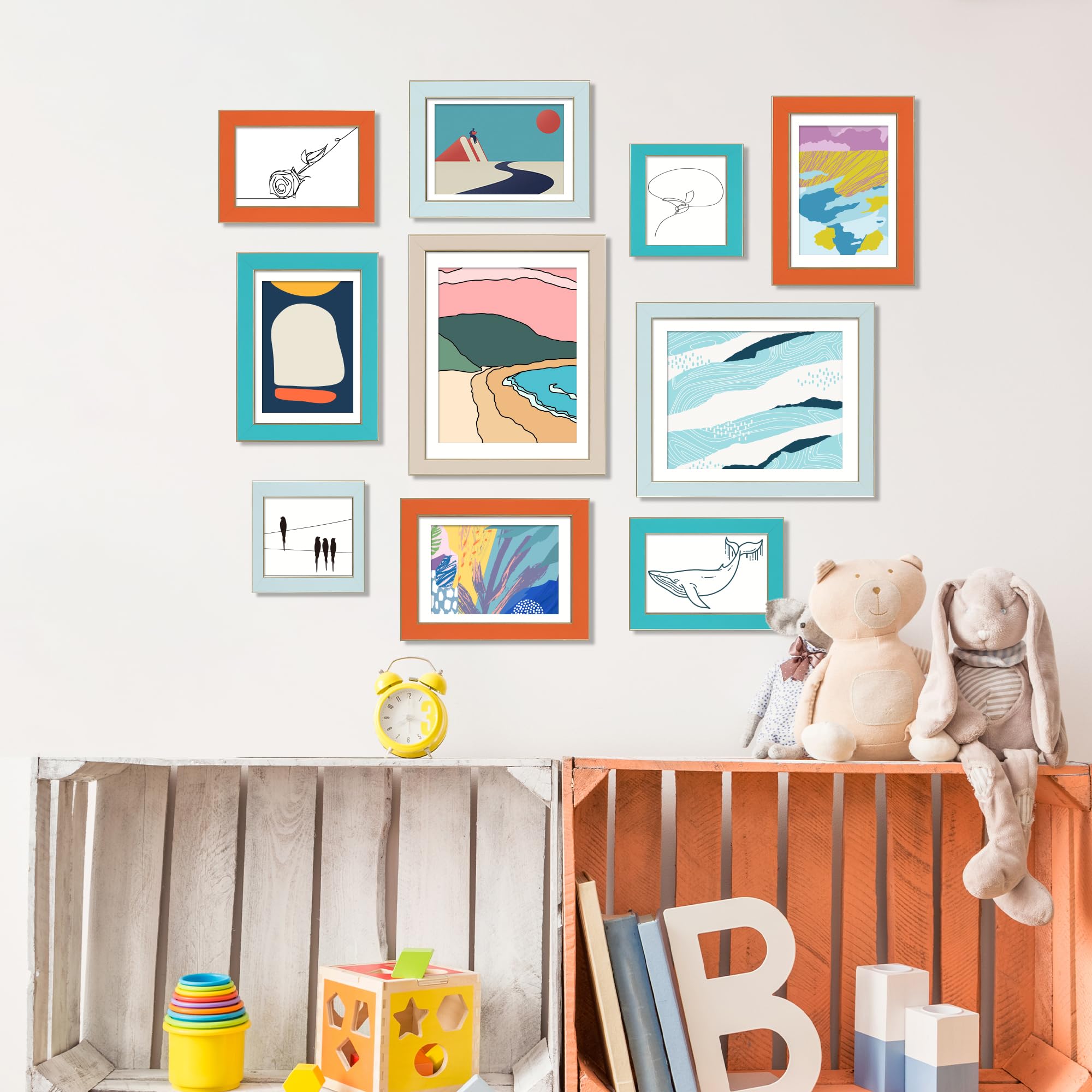 VIOLABBEY frames arranged in living room gallery providing modern colorful décor inspiration