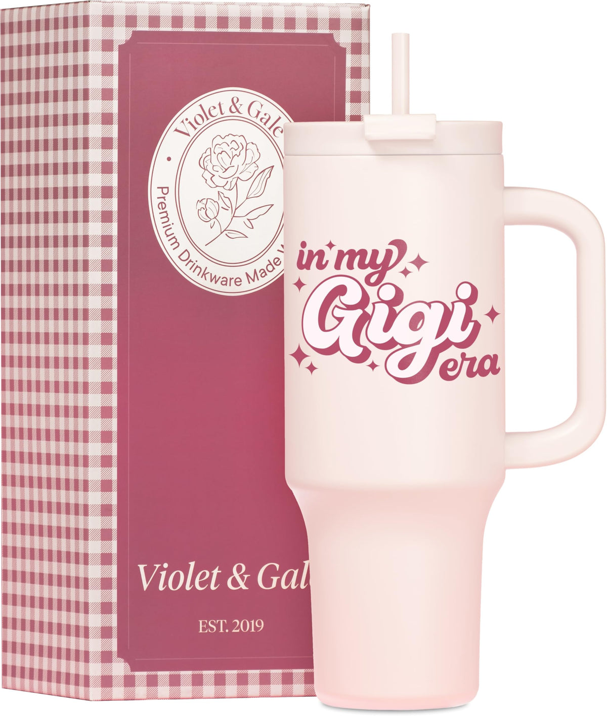 Violet & Gale front view of pastel pink tumbler showing design and handle, gift-ready