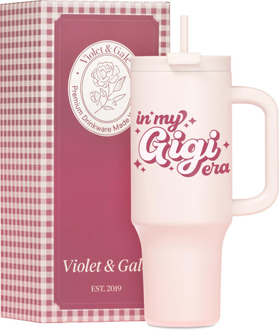 Violet & Gale front view of pastel pink tumbler showing design and handle, gift-ready