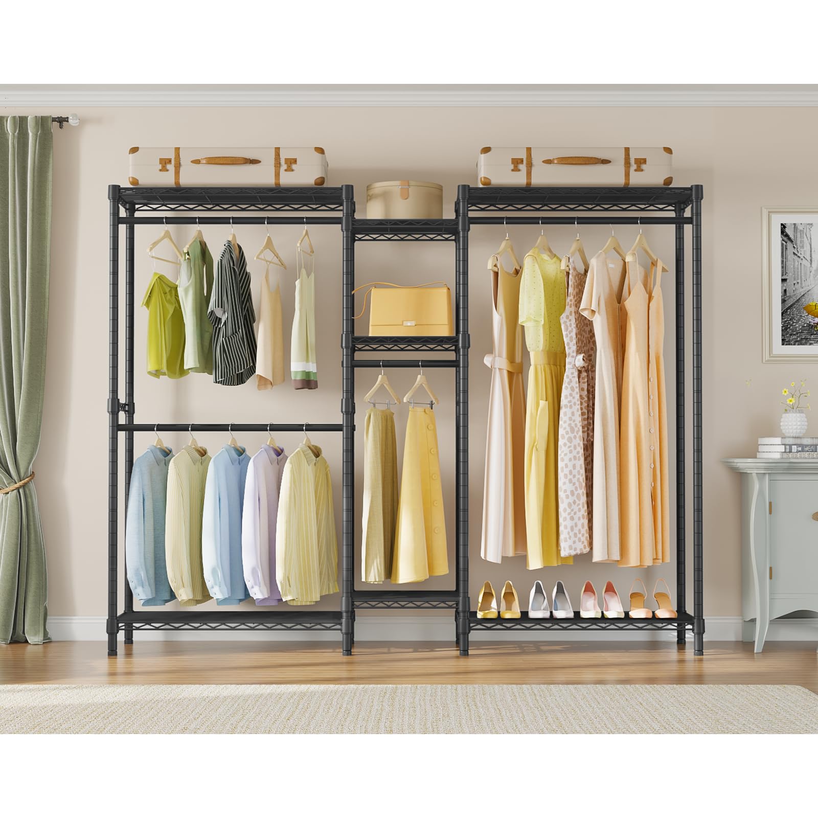 VIPEK hanging rods loaded with garments demonstrating customizable spacing benefit