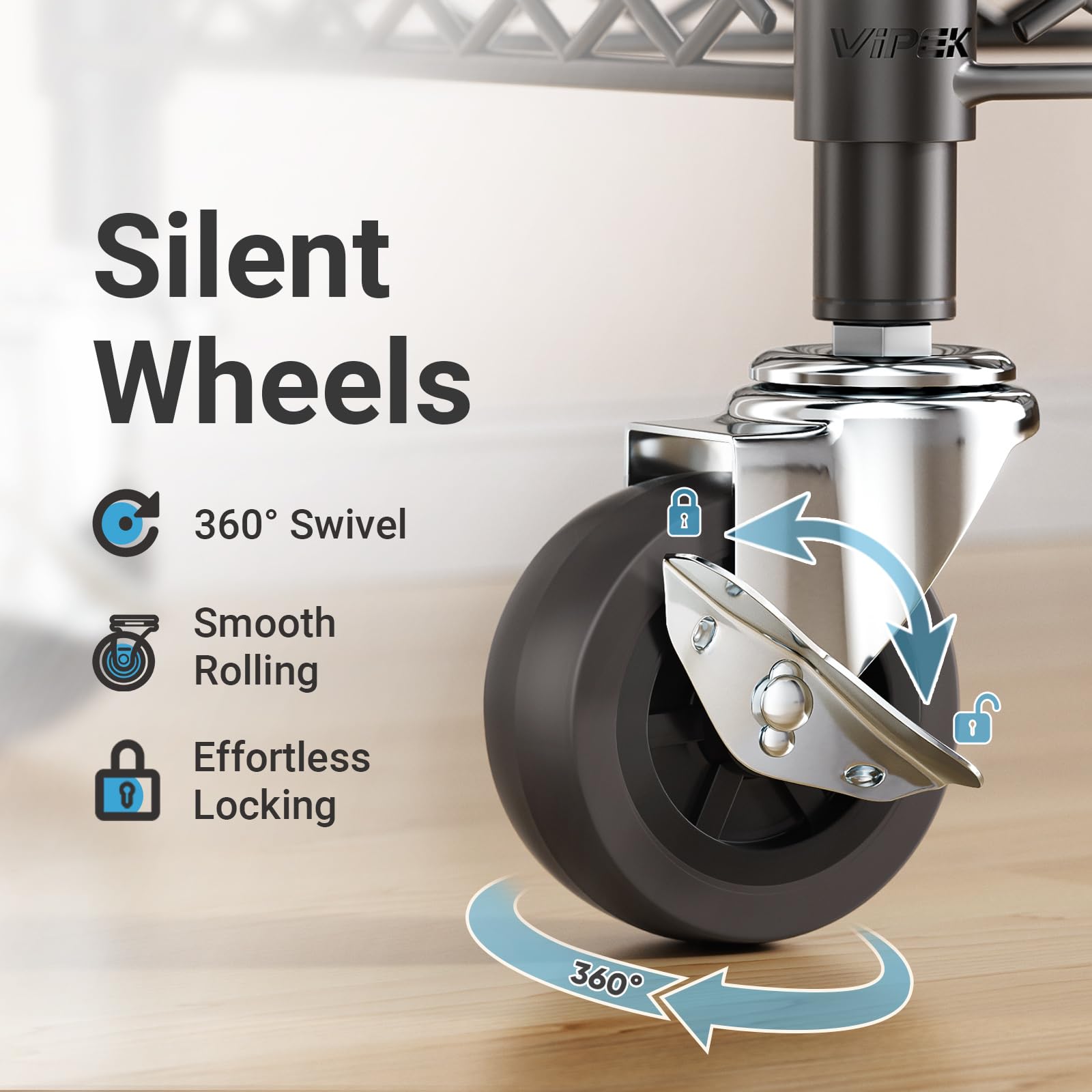 VIPEK close-up of 360-degree caster showing smooth quiet mobility benefit