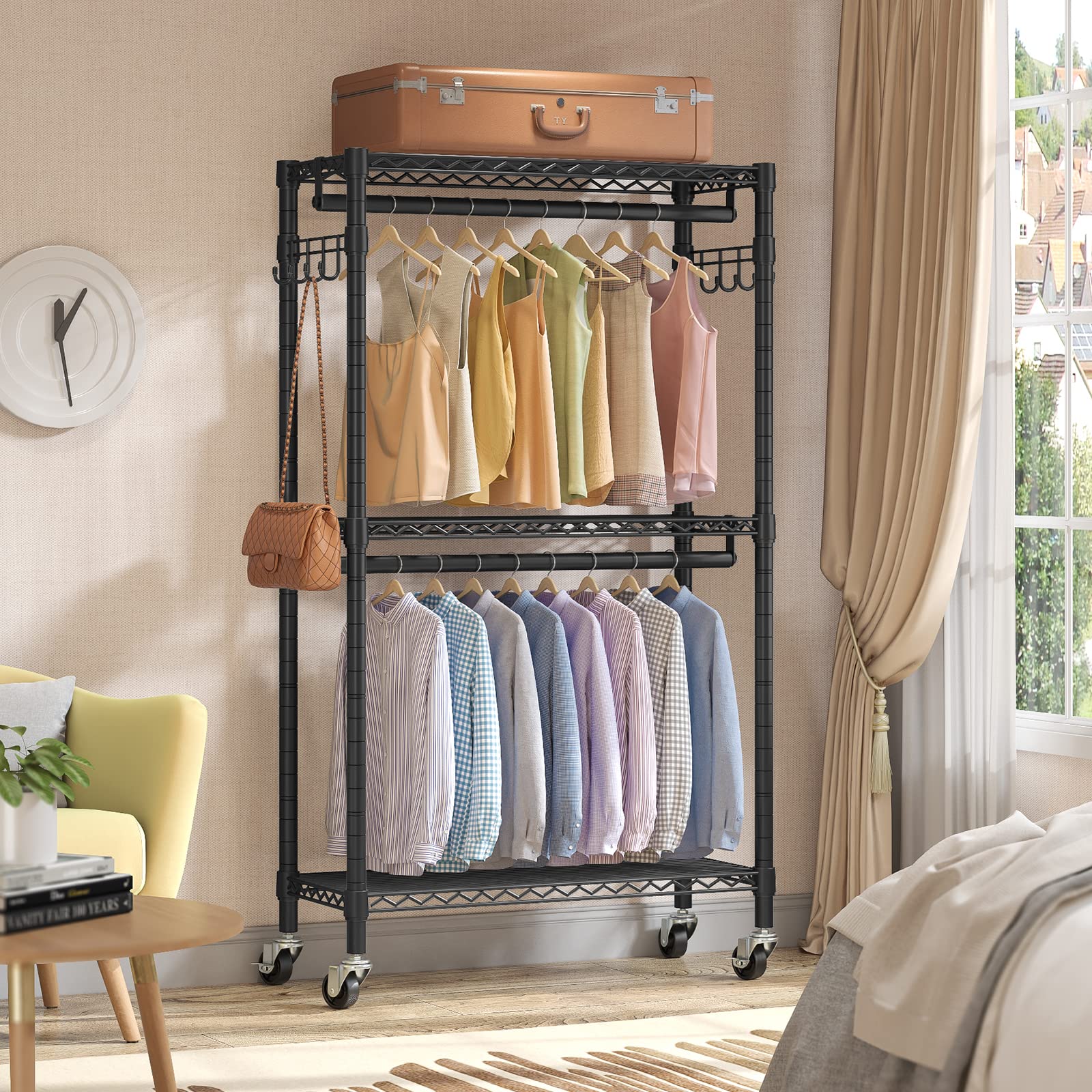 VIPEK R2 double hanging rods loaded with coats for high capacity