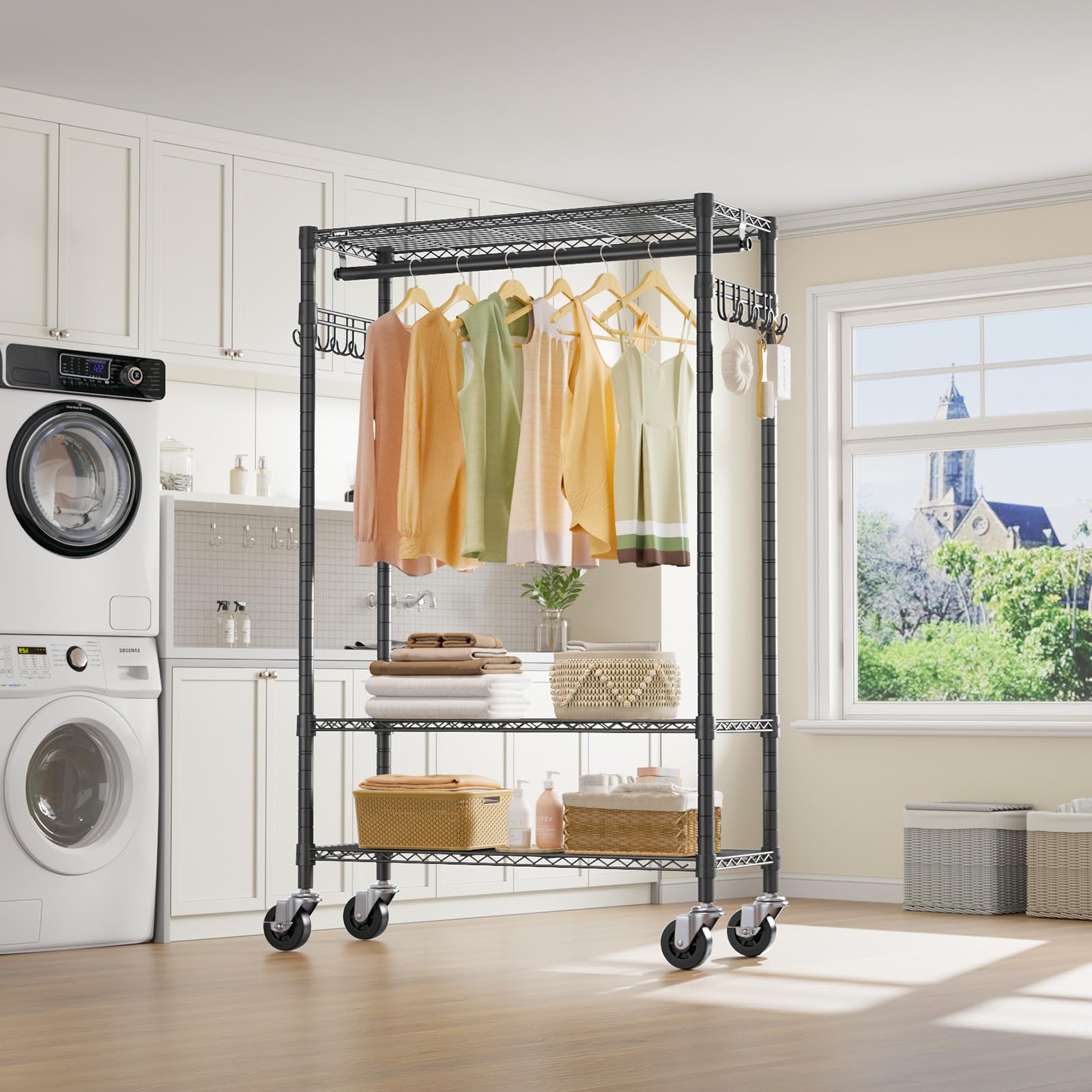 VIPEK R3 shelf detail with folded clothing showing adjustable storage benefit