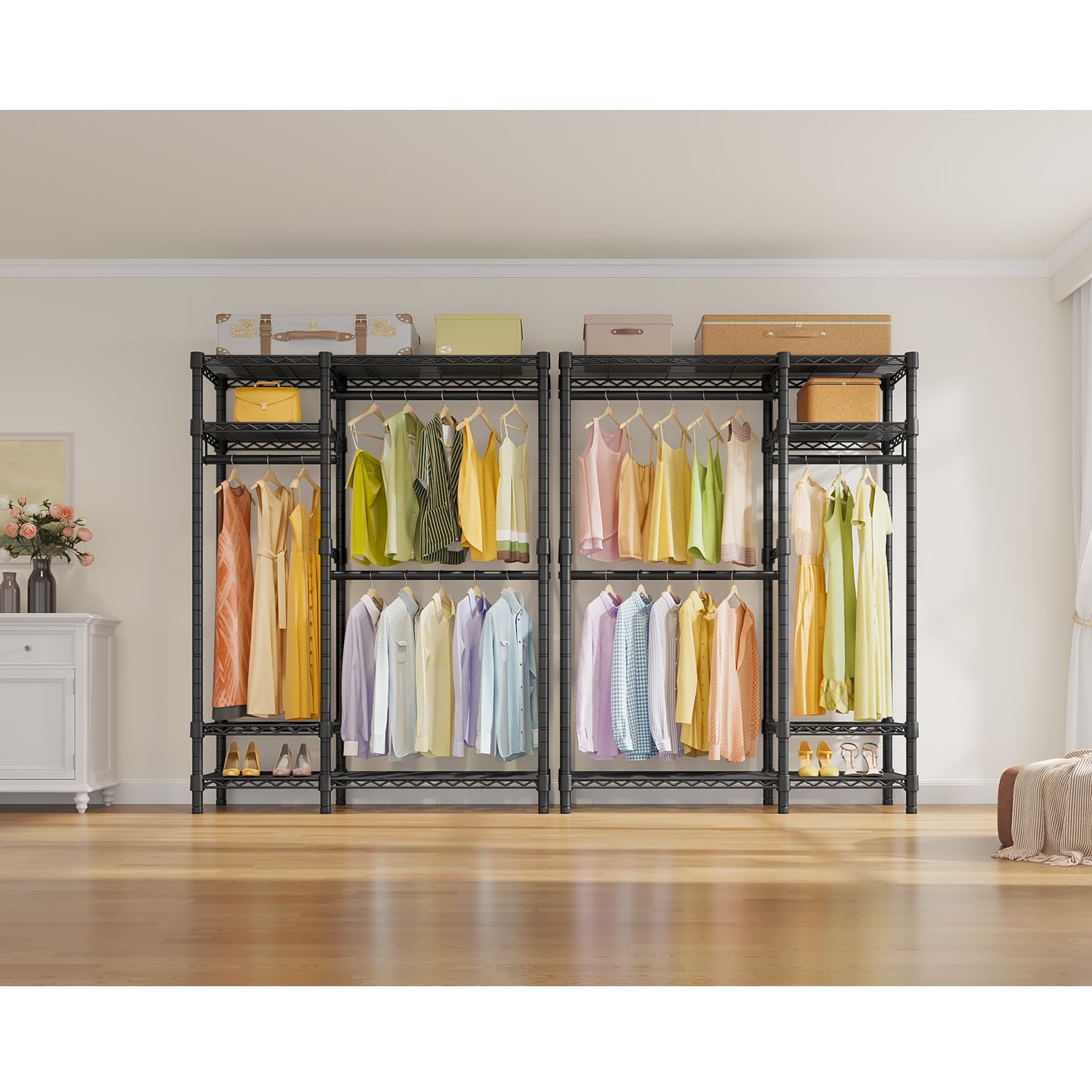 VIPEK V2 dual hanging rods loaded with garments for wrinkle-free organization