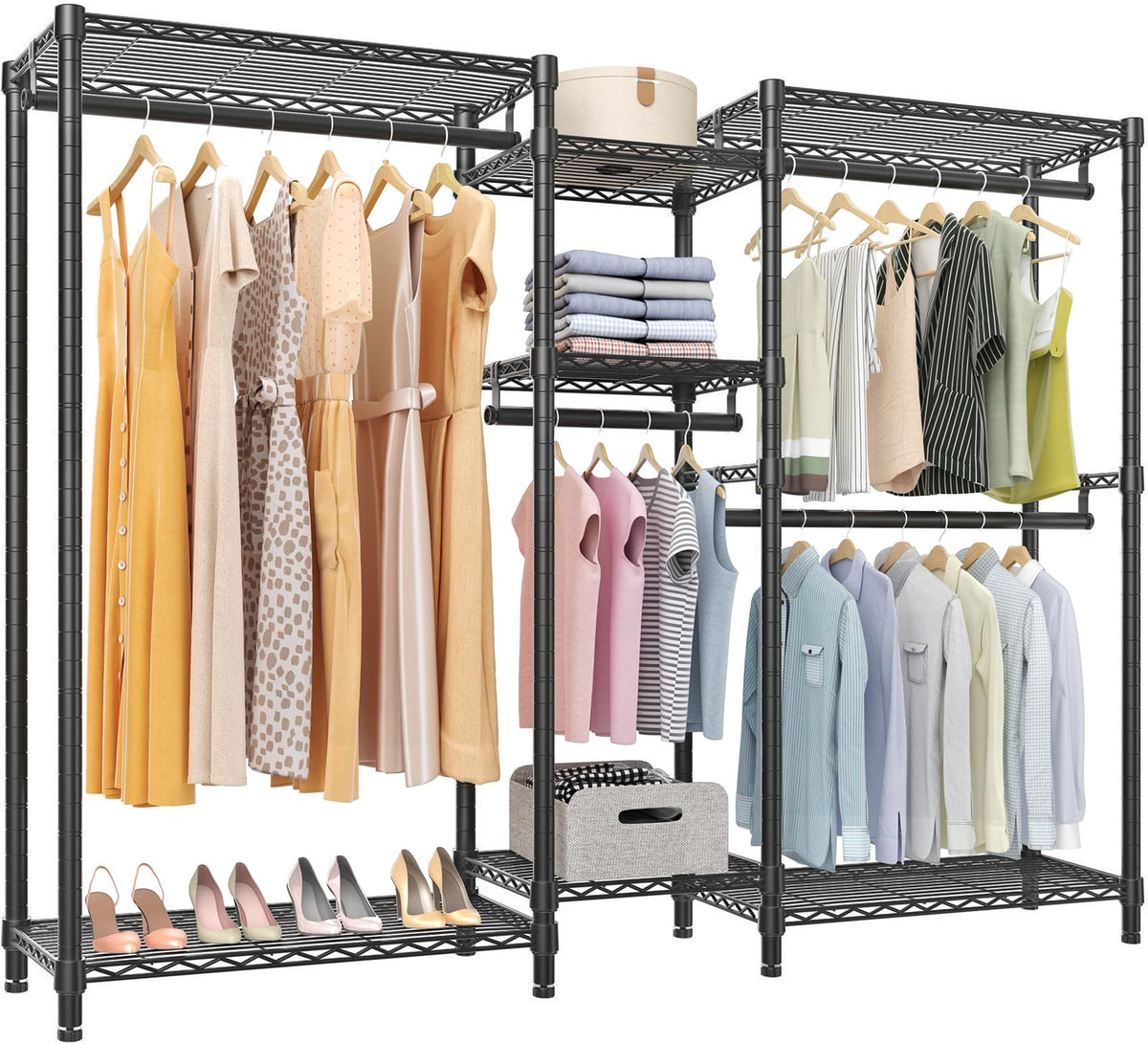 VIPEK Classic V6 front view showing full rack and organized clothing, highlights capacity