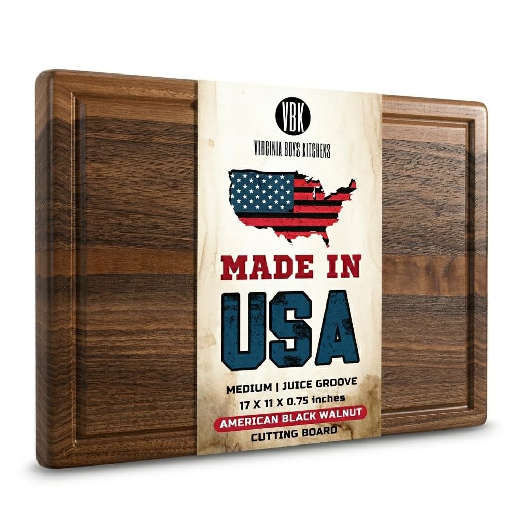 Virginia Boys Kitchens front view of walnut cutting board showing clean design and durability