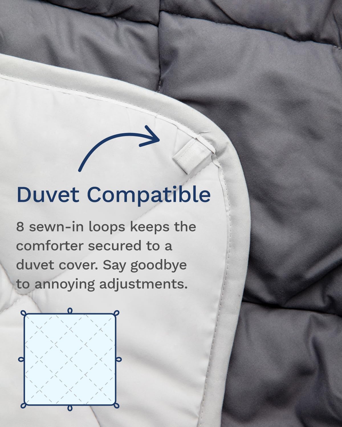 ViscoSoft sewn-in corner loops and stitching for secure duvet attachment