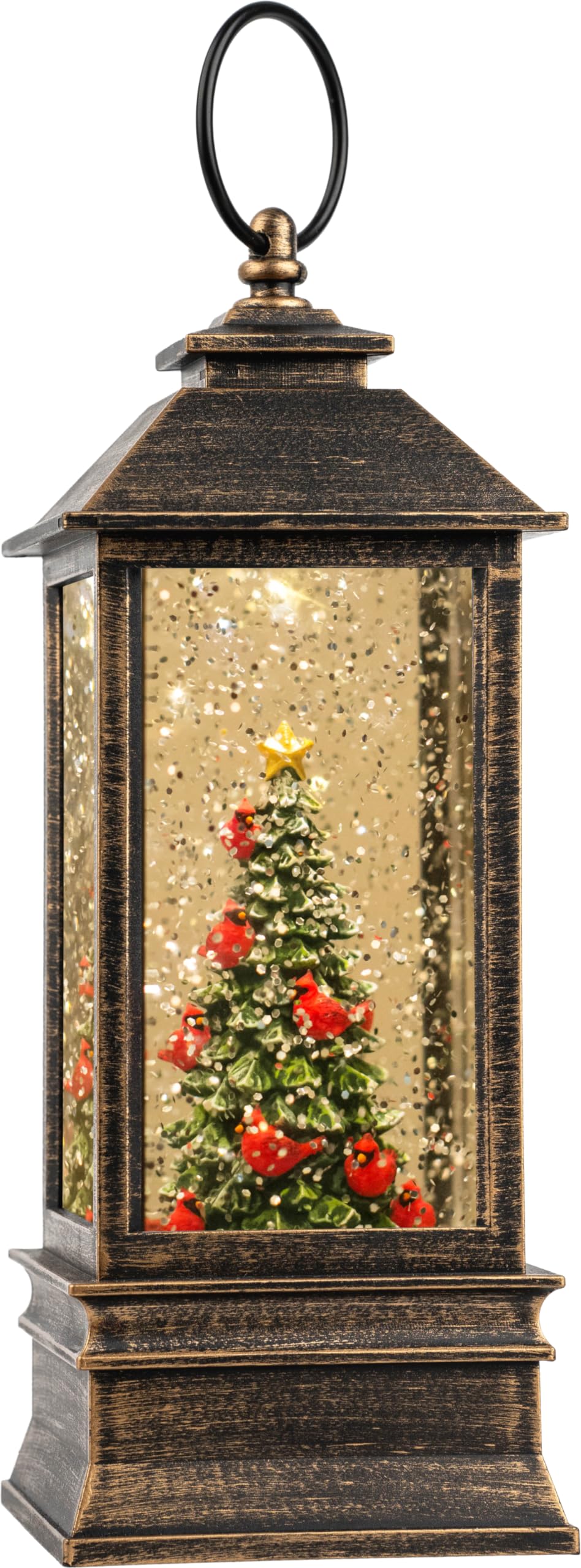 VISFLAIR front view of globe showing cardinals and tree with warm light benefit: festive centerpiece