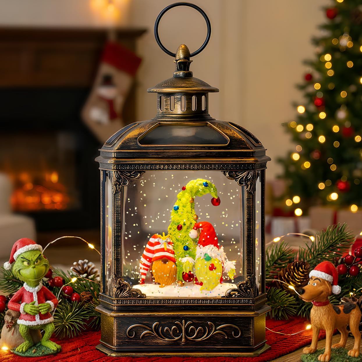 VISFLAIR front view of snow globe lantern glowing for cozy decoration