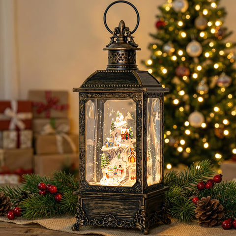 VISFLAIR front view snow globe lantern showing festive scene and warm glow