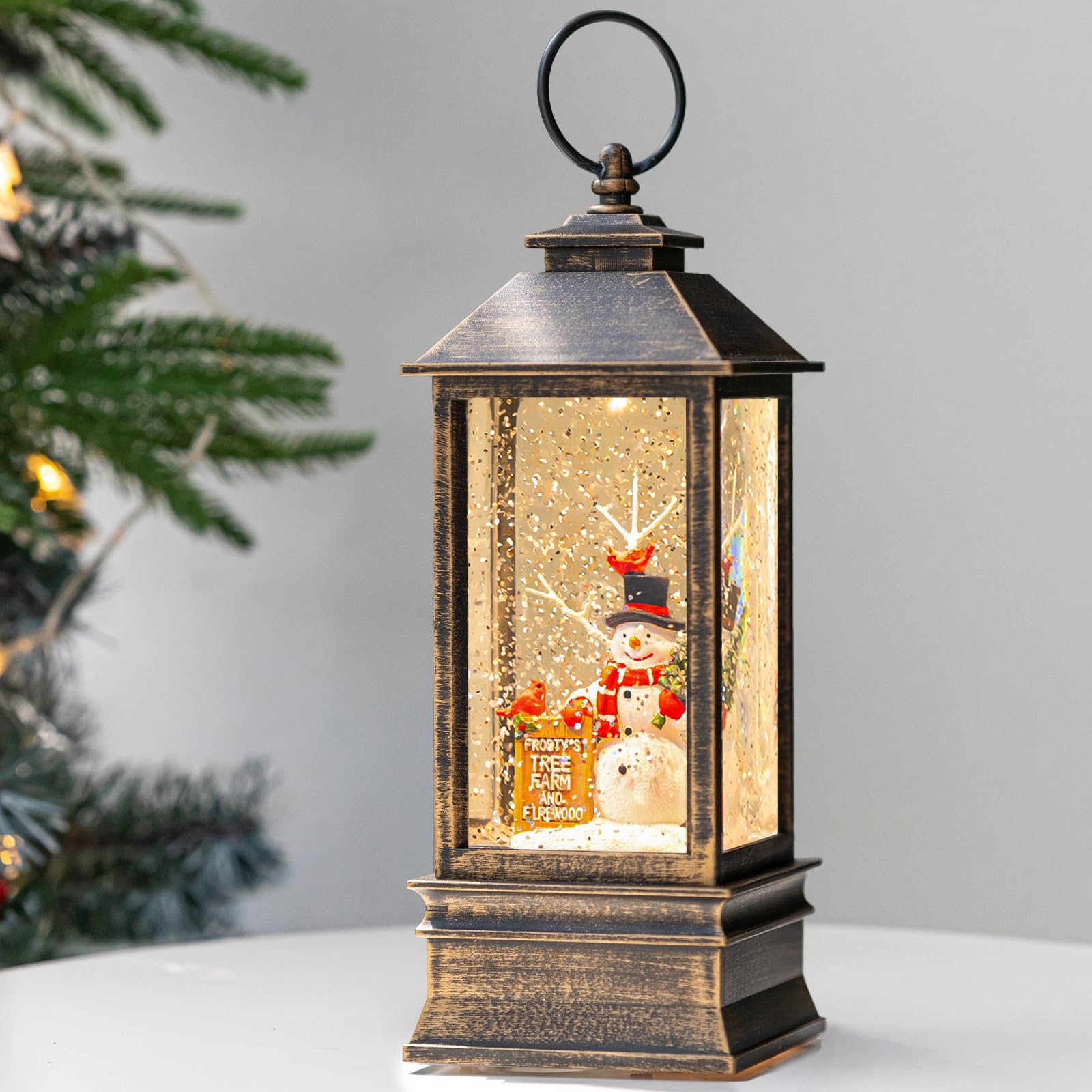 VISFLAIR front view of snow globe showing full Frosty's Tree Farm scene and glow