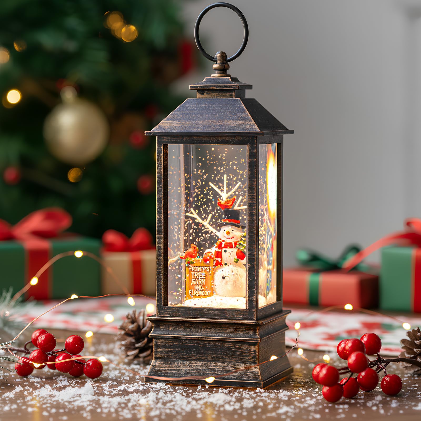 VISFLAIR snow globe lit on a mantel illustrating warm LED ambiance for rooms