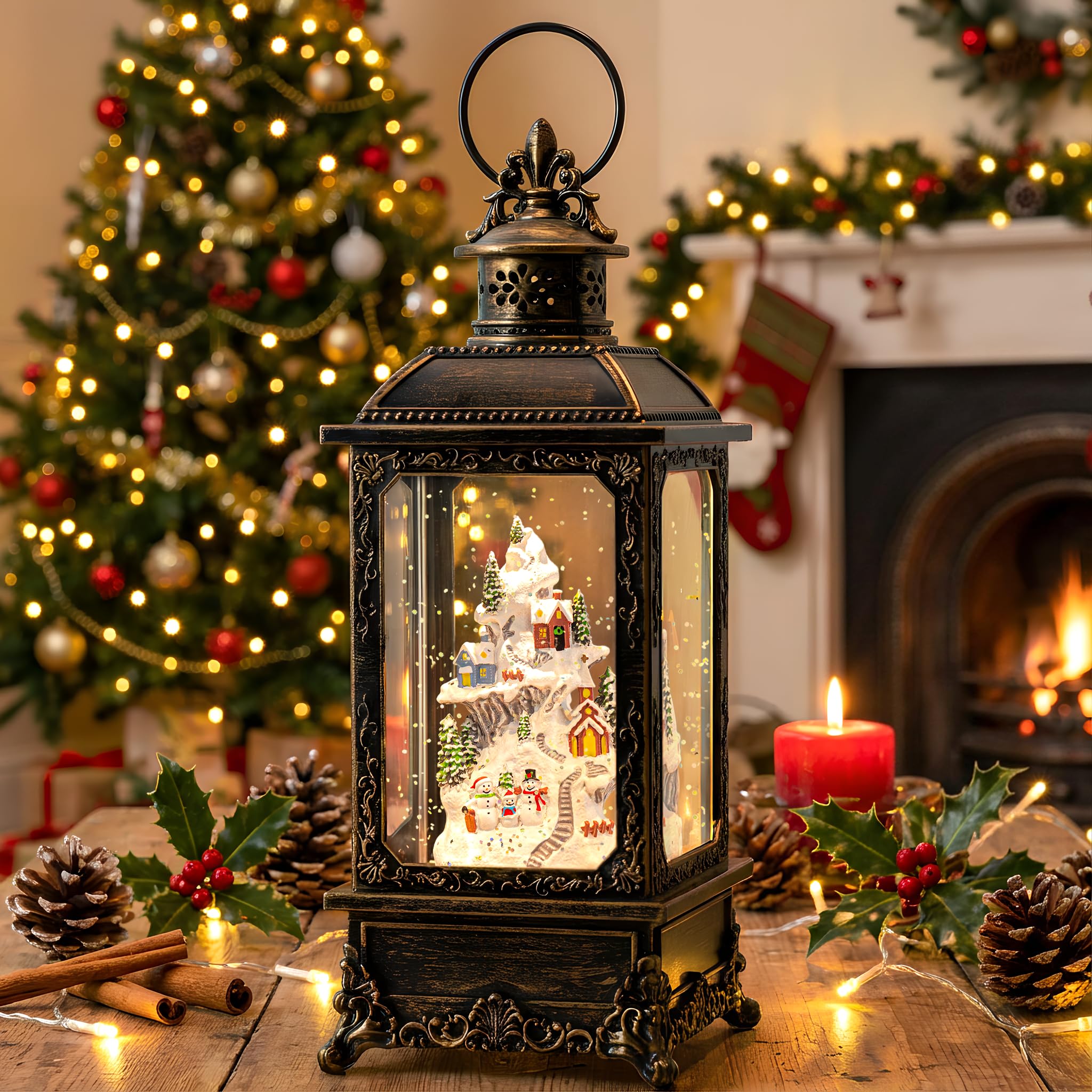 VISFLAIR lit night mantel display adding cozy holiday light to living room