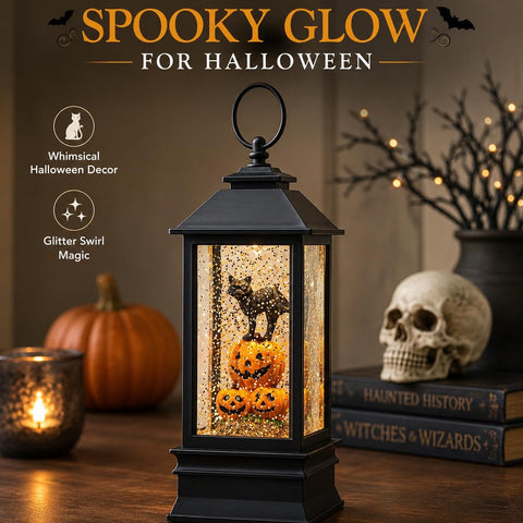 VISFLAIR lantern lit at night on table benefit: soft LED glow enhances spooky display
