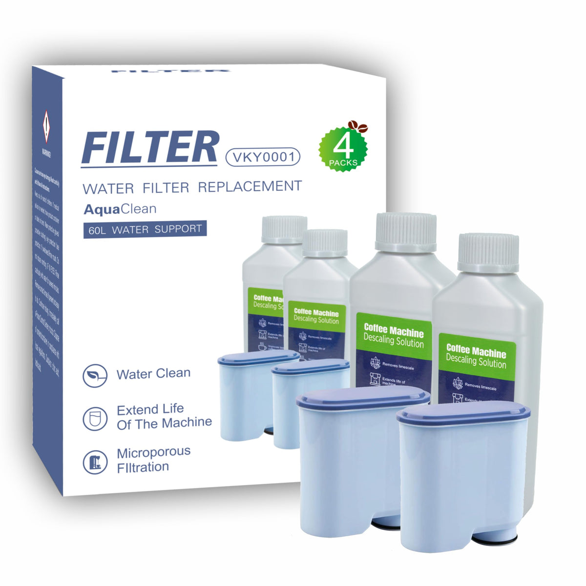 Viskeysta kit front packaging showing AquaClean-style filters and descaler for easy maintenance