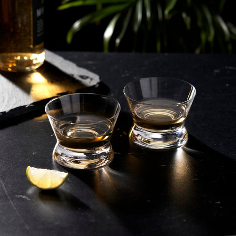Viski glass with 2 oz tequila pour, correct tasting portion and visual clarity