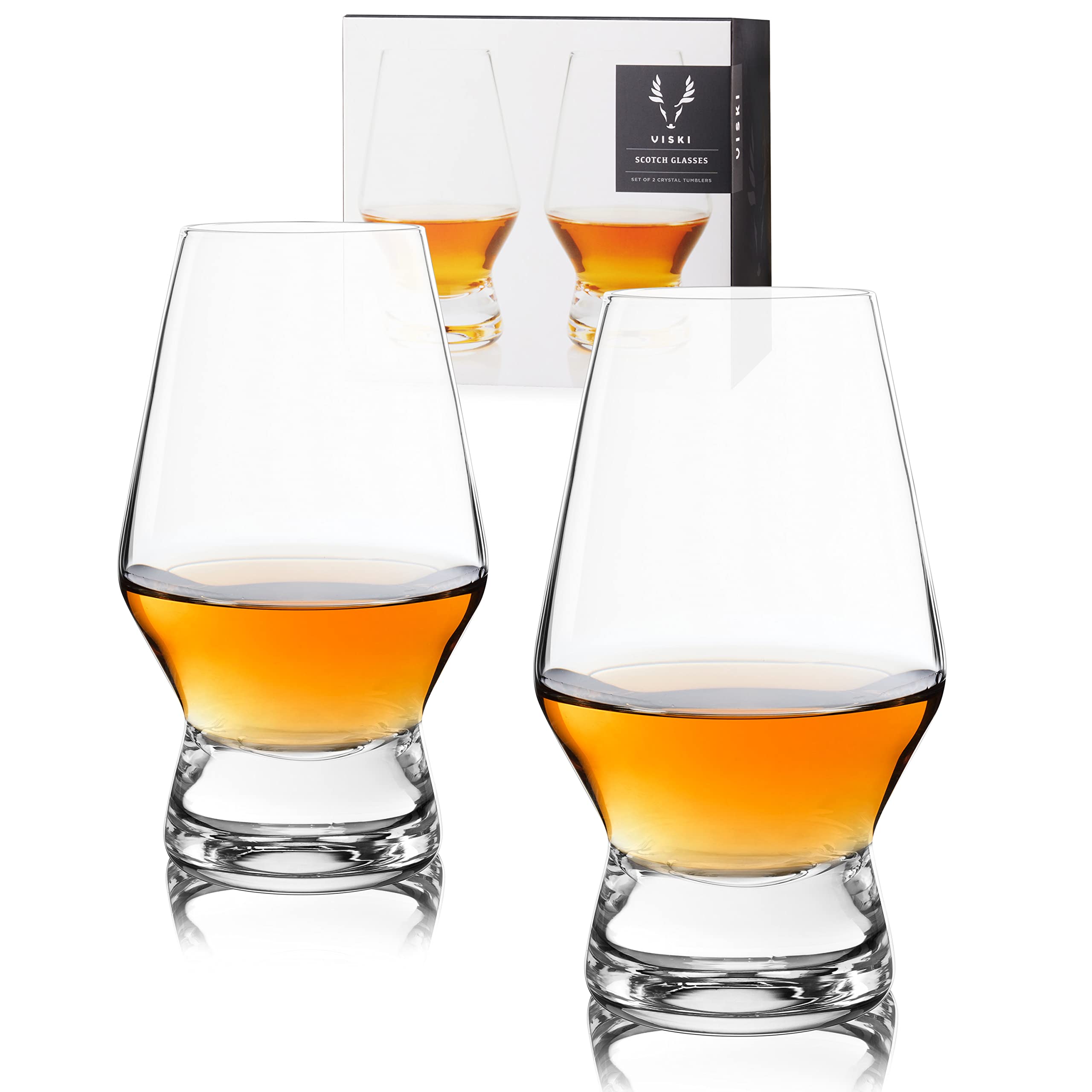 Viski Raye front view showing two crystal scotch glasses and refined silhouette