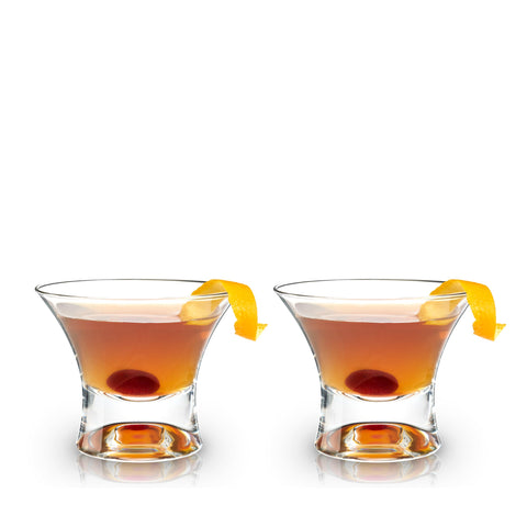 Viski stemless Manhattan glass front view showing sleek design and clarity