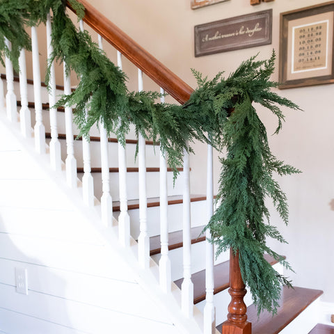Vita Domi front view showing full 9 ft cedar garland for instant mantel curb appeal