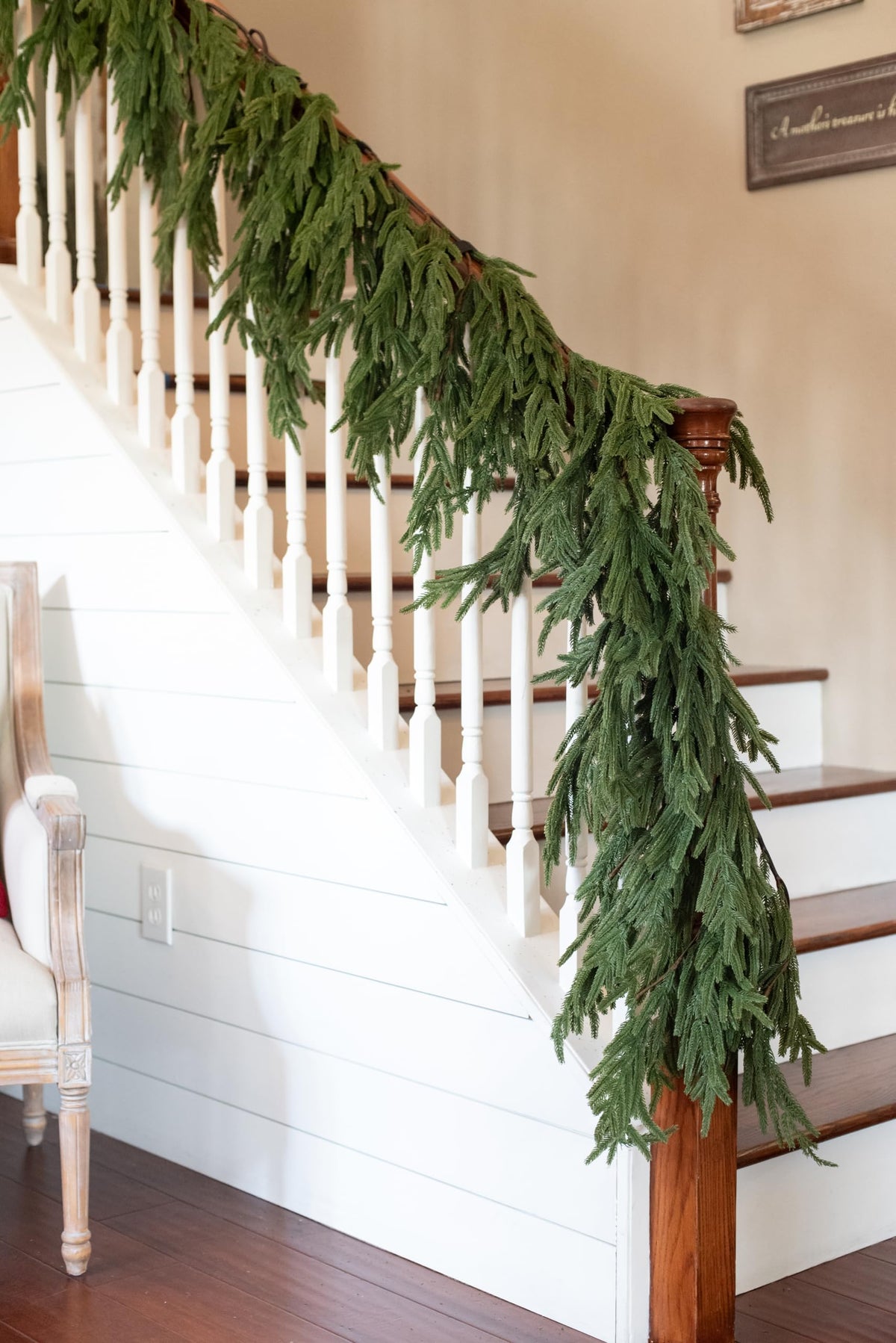 Vita Domi front view of 6 ft Norfolk pine garland showing full shape and color benefit