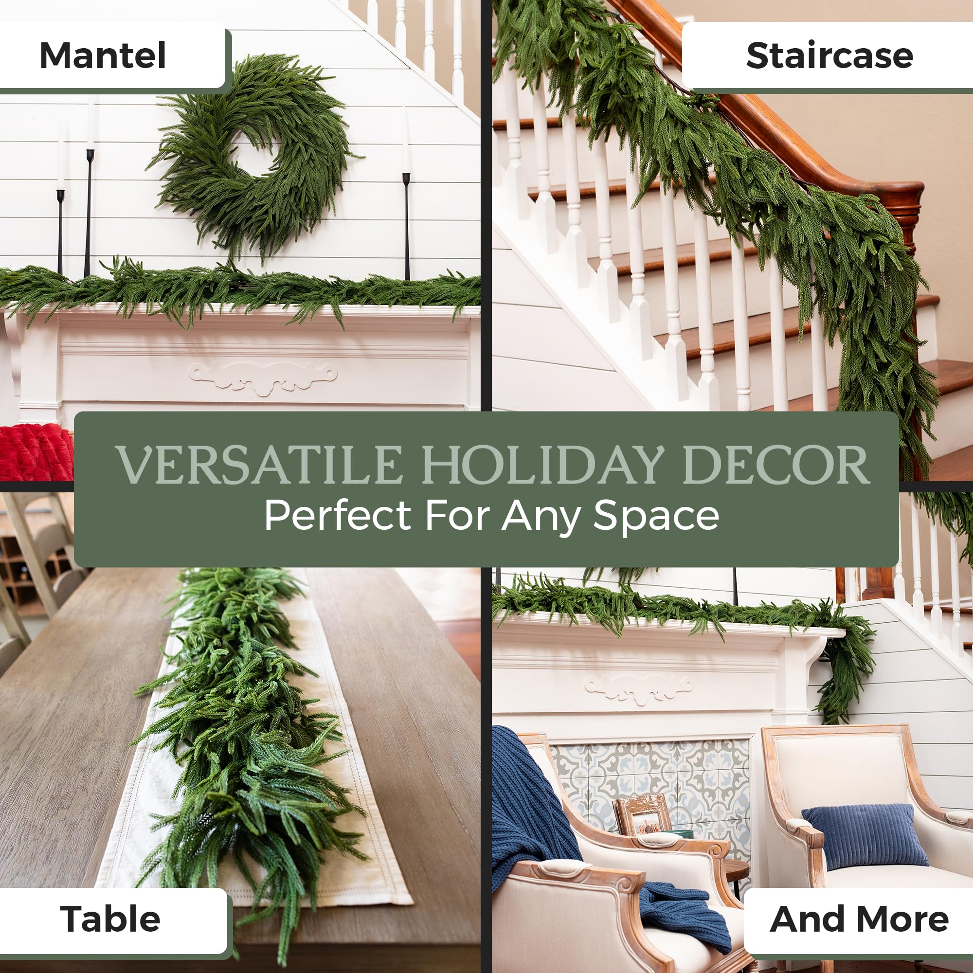 Vita Domi garland draped on mantel showing instant holiday upgrade benefit