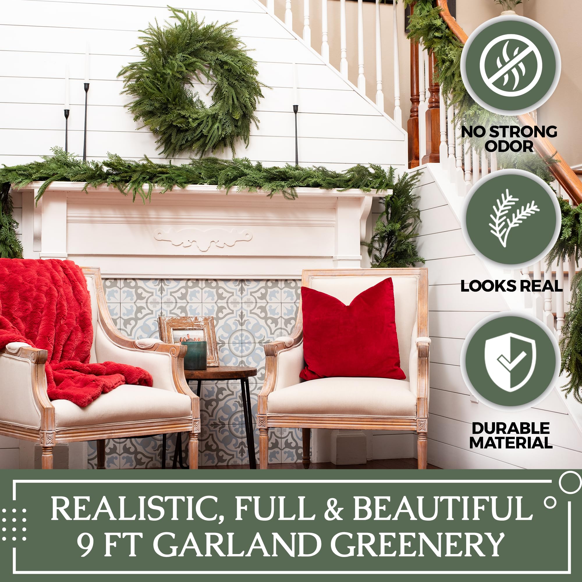 Vita Domi garland swagged on staircase enhancing home holiday decor