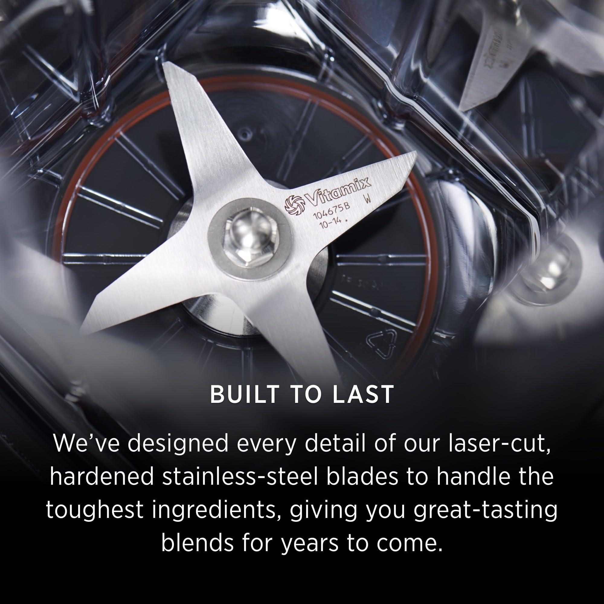Vitamix 15856 hardened stainless-steel blades close-up for consistent, smooth blends