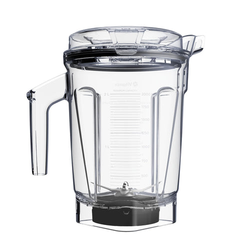 Vitamix 64 oz container front view showing capacity and compact design benefit