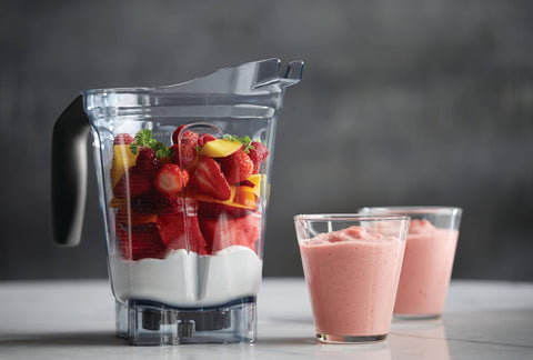 Vitamix low-profile container on kitchen counter saving cabinet space