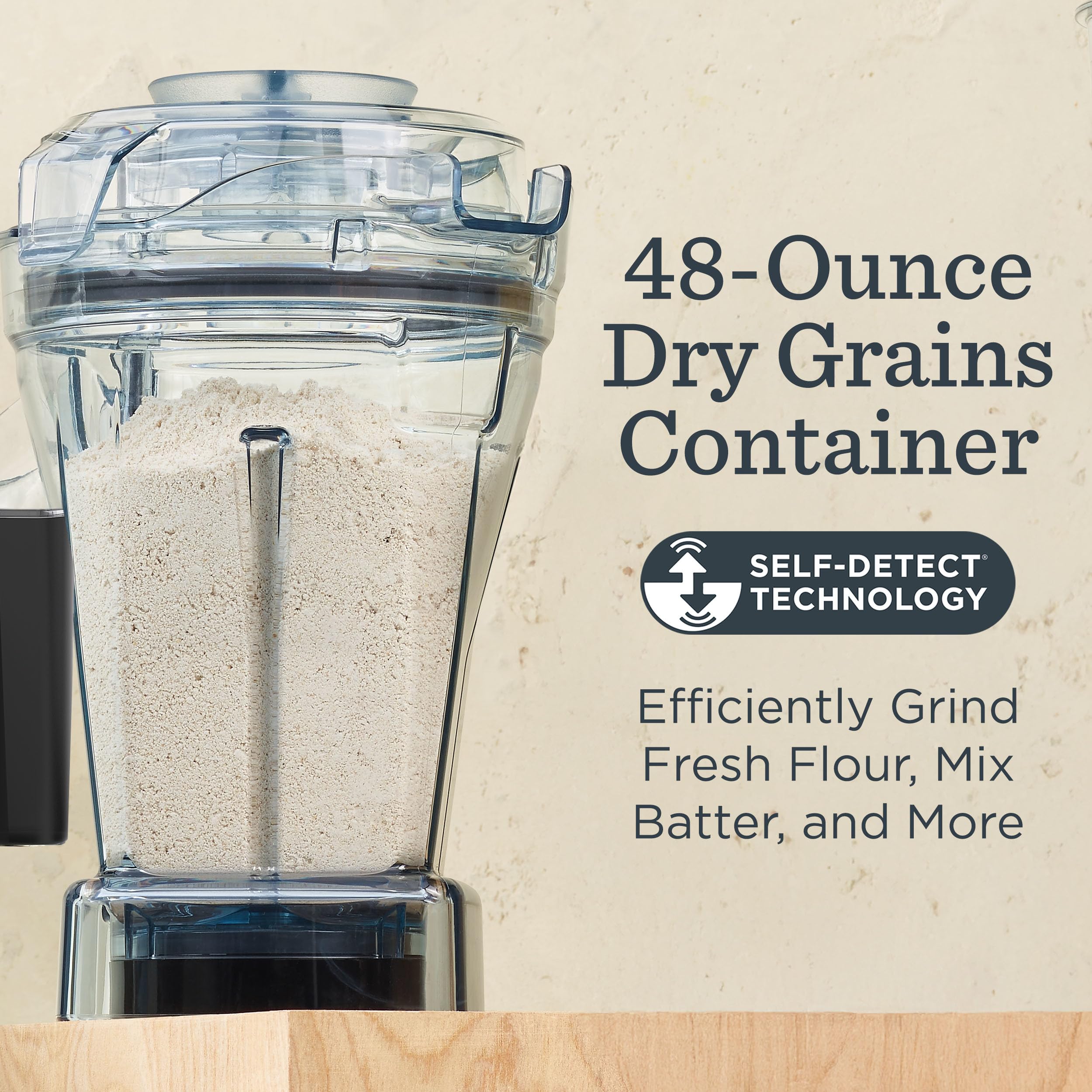 Vitamix dry grains container laser‑cut blades closeup for consistent grinding performance