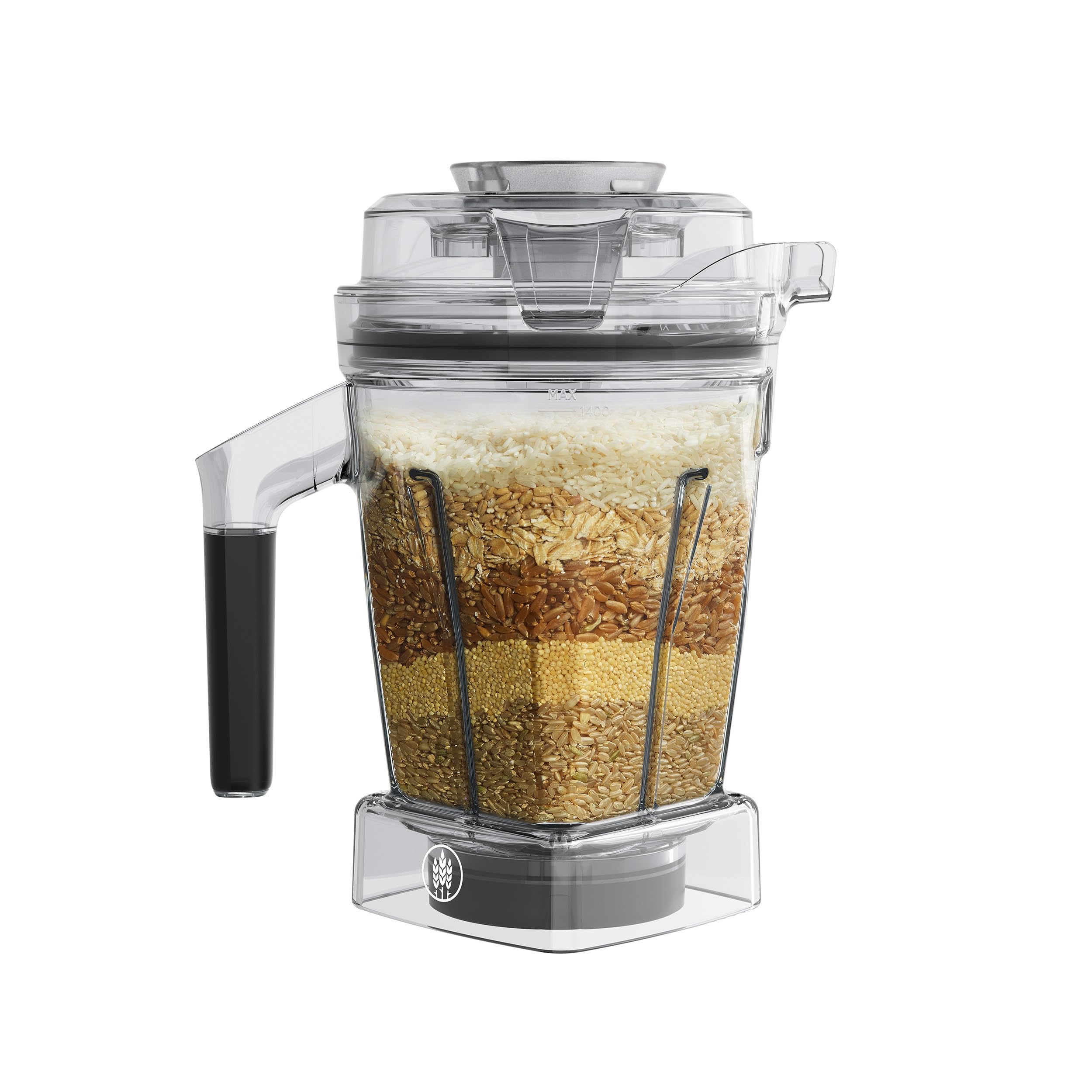 Vitamix dry grains container front view showing compact design and handle for easy pouring