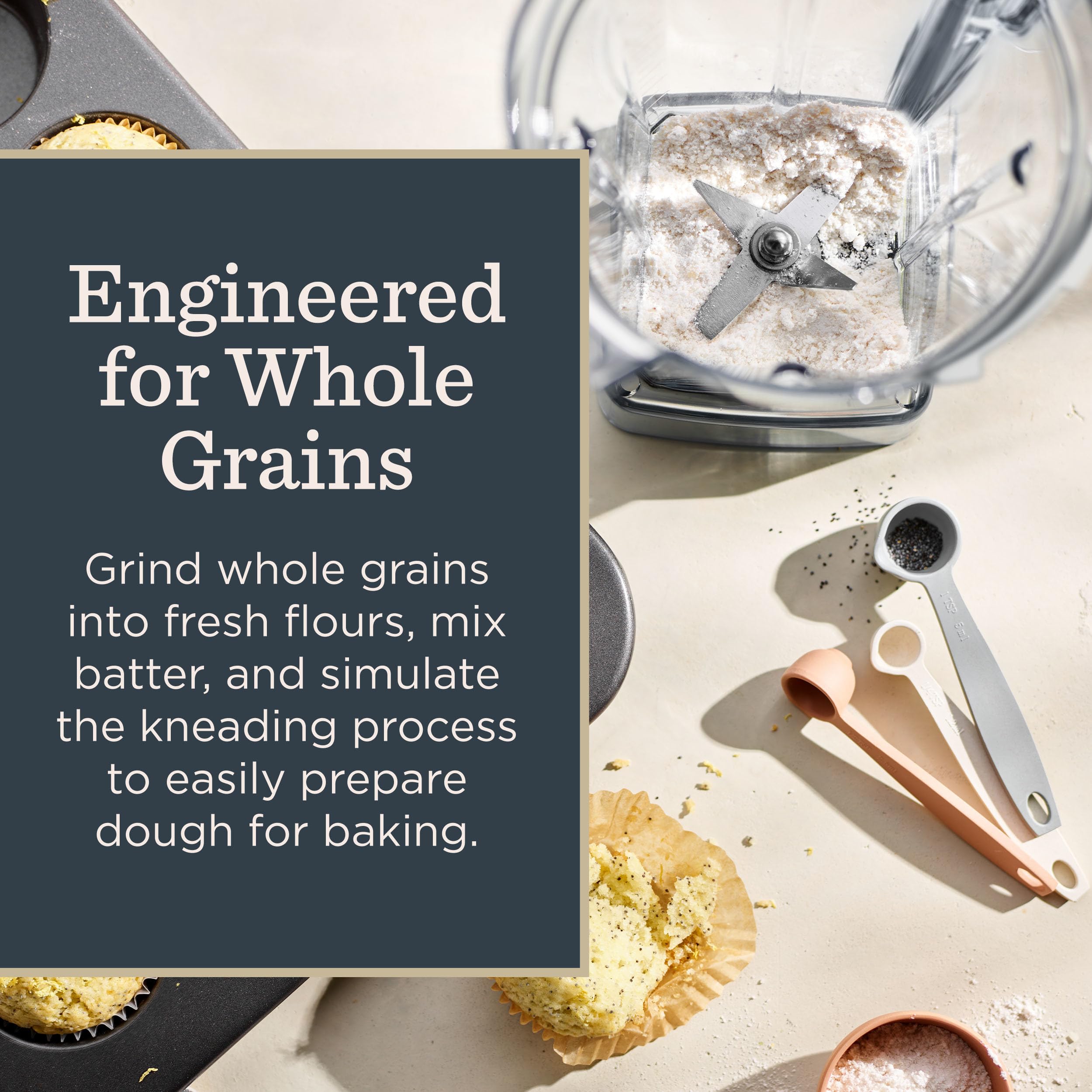 Vitamix dry grains container attached to Ascent blender demonstrating SELF‑DETECT convenience