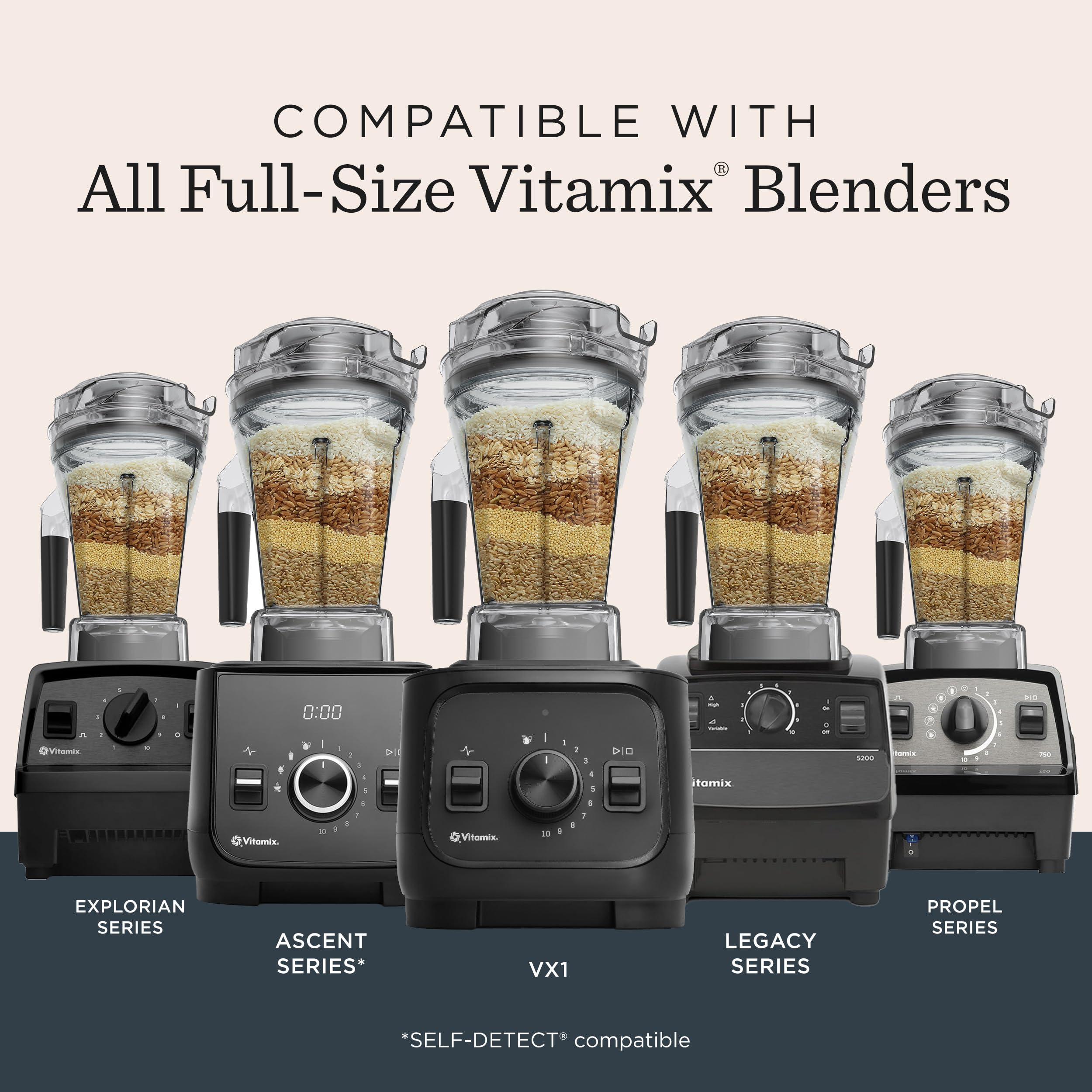 Vitamix dry grains container clear lid and vented plug detail for monitoring and adding ingredients