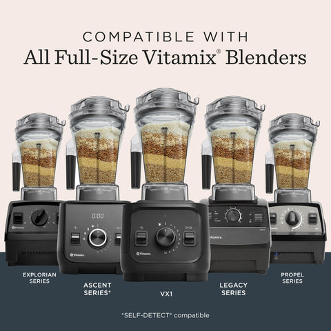 Vitamix dry grains container clear lid and vented plug detail for monitoring and adding ingredients