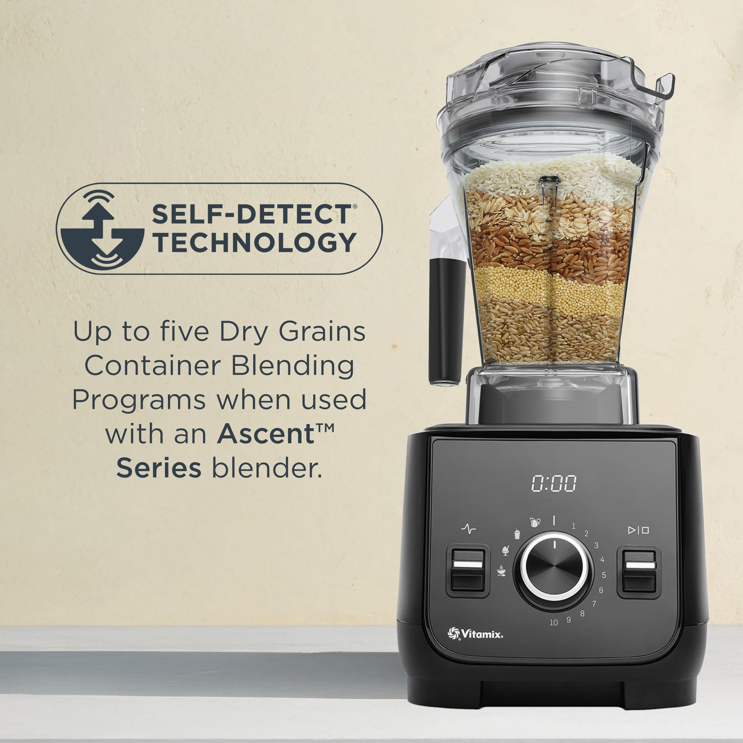 Vitamix dry grains container interior with capacity markings for accurate small batch preparation