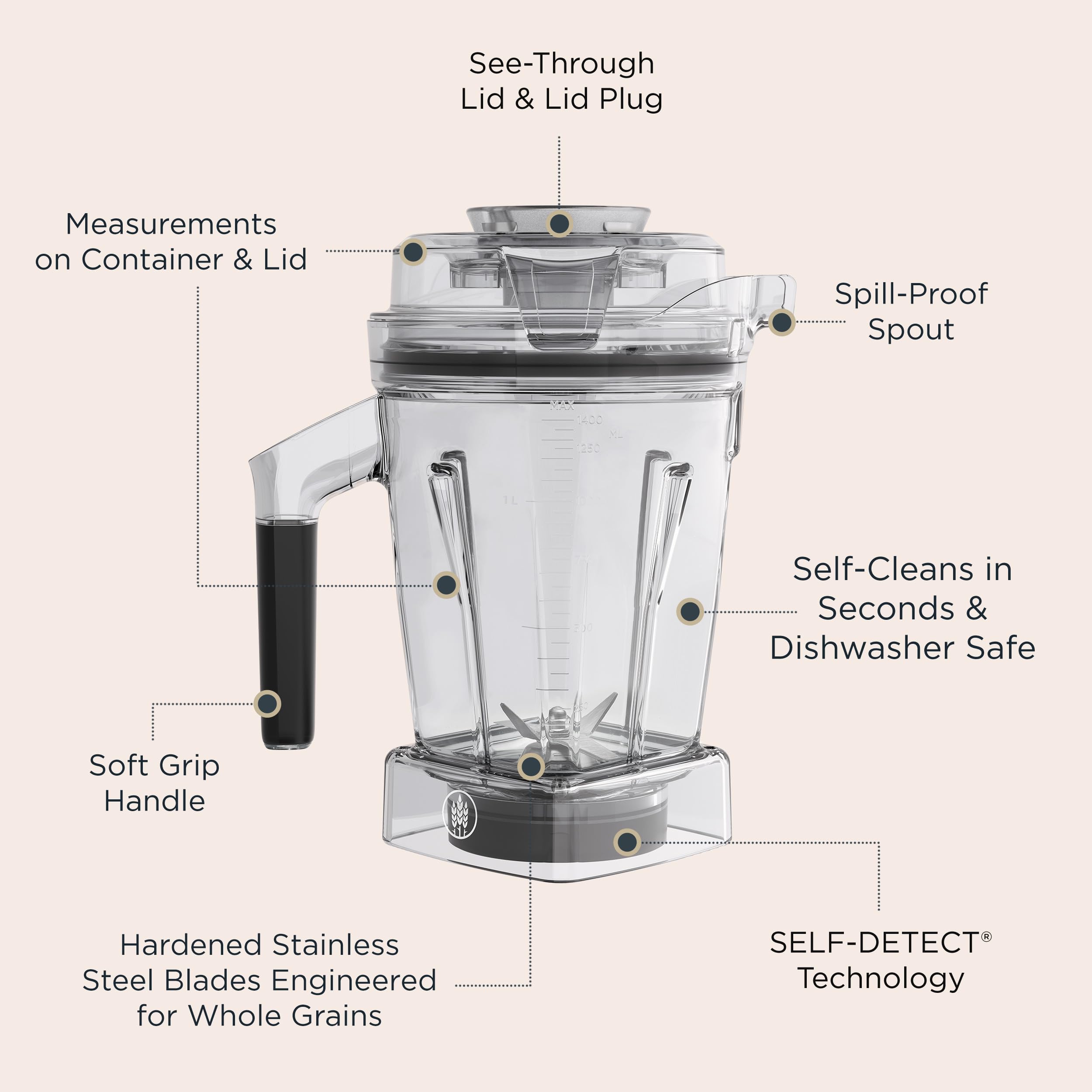 Vitamix dry grains container with S2 low‑profile tamper for kneading thick dough efficiently
