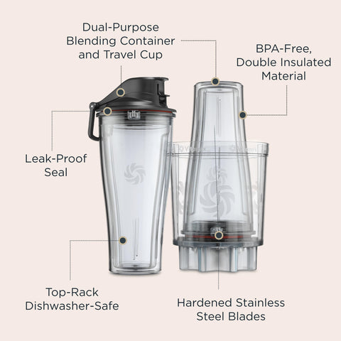 Vitamix spill-proof lid sealed on cup prevents leaks during travel