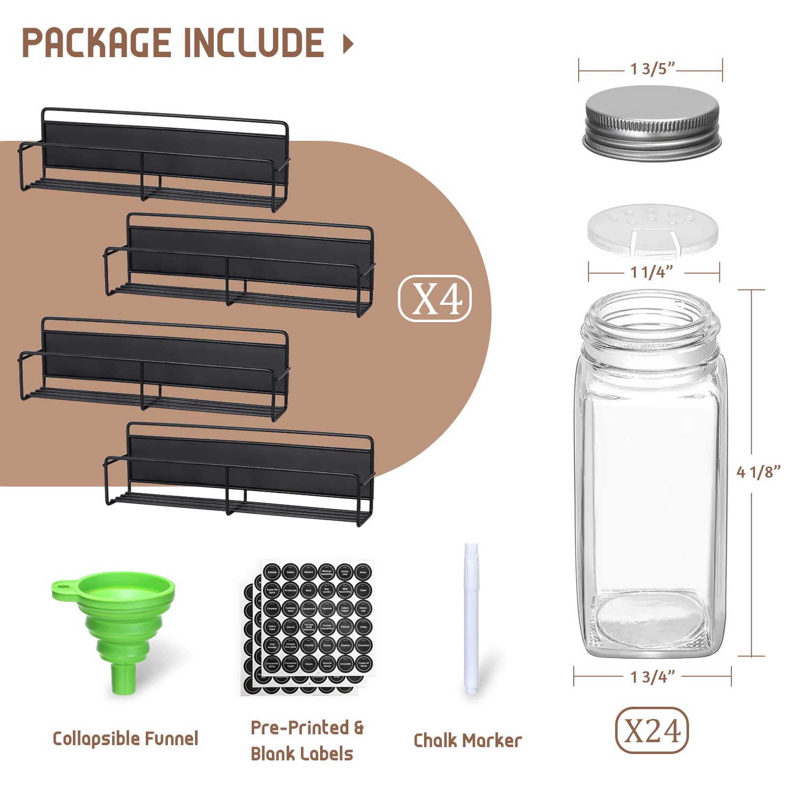 VITEVER top view of jars with pre-printed labels, organizes spices for fast finding