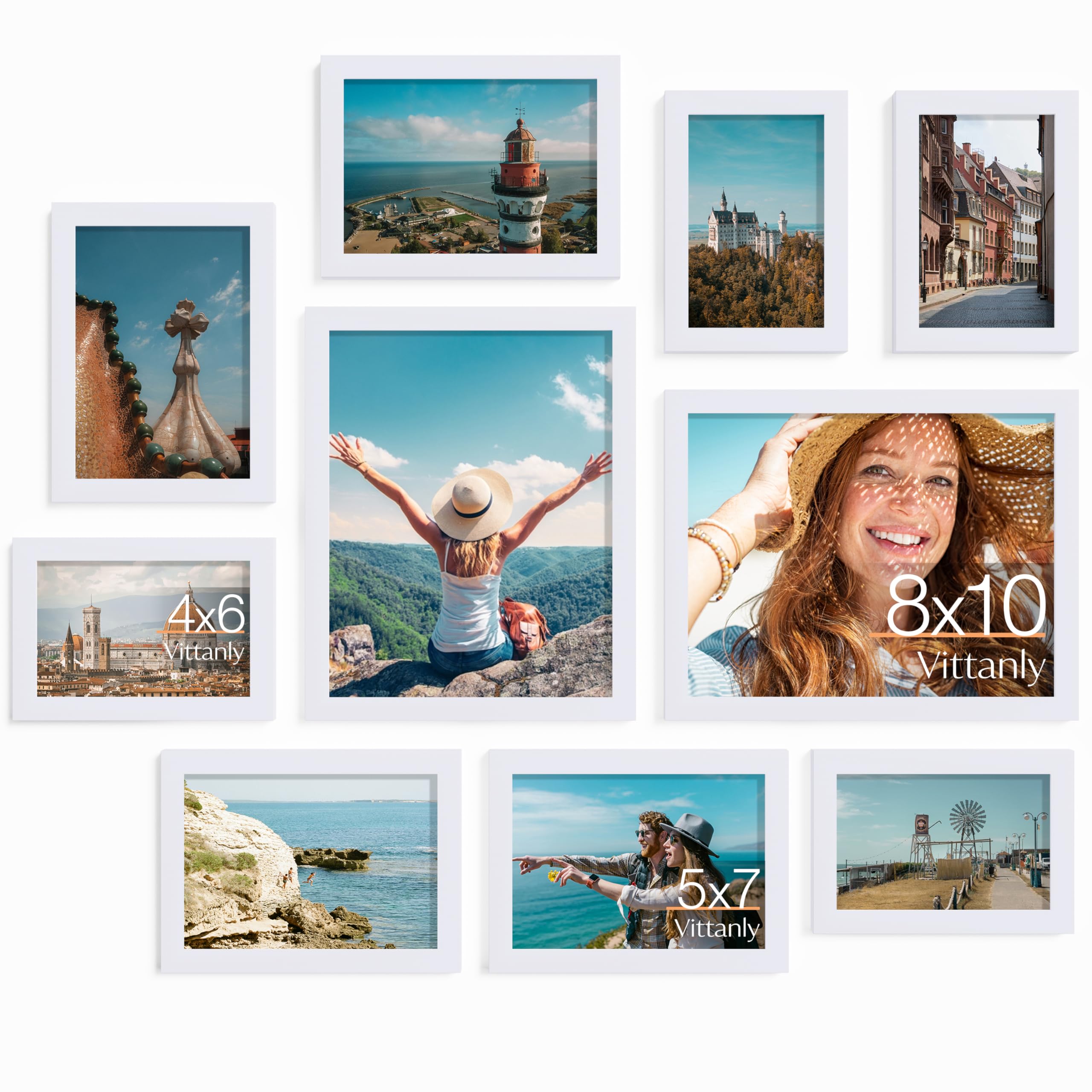 Vittanly front view of 10 white frames set highlighting cohesive decor