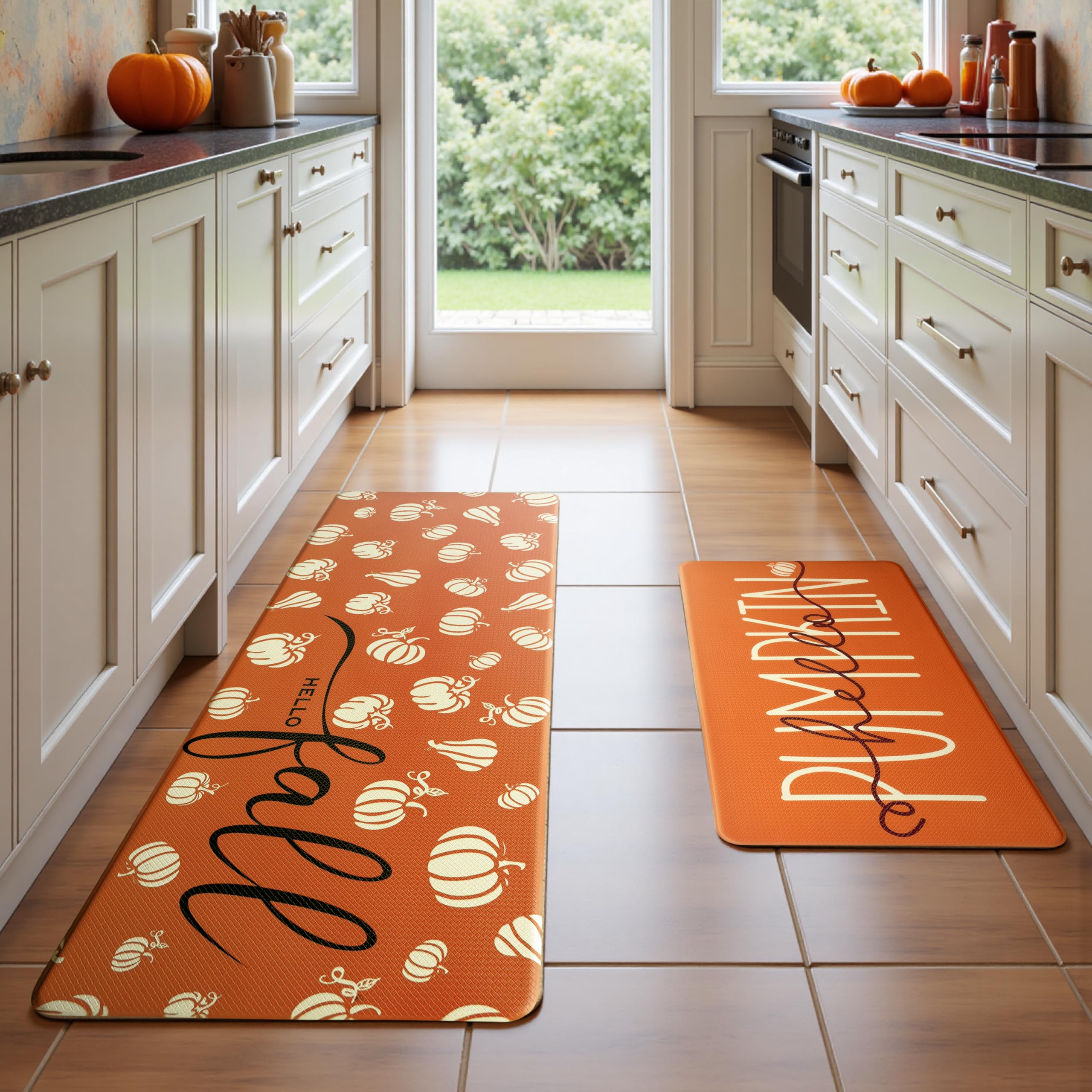 VivaNest front view of pumpkin rug set showing seasonal design and coverage benefit