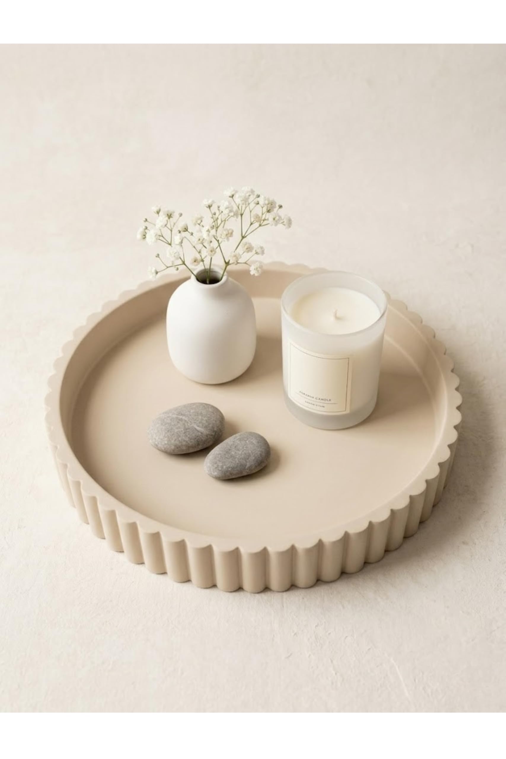 Vivere Home tray front view showing round beige concrete centerpiece and balance
