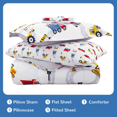 Viviland comforter flat lay displays white car and excavator pattern and cheerful design