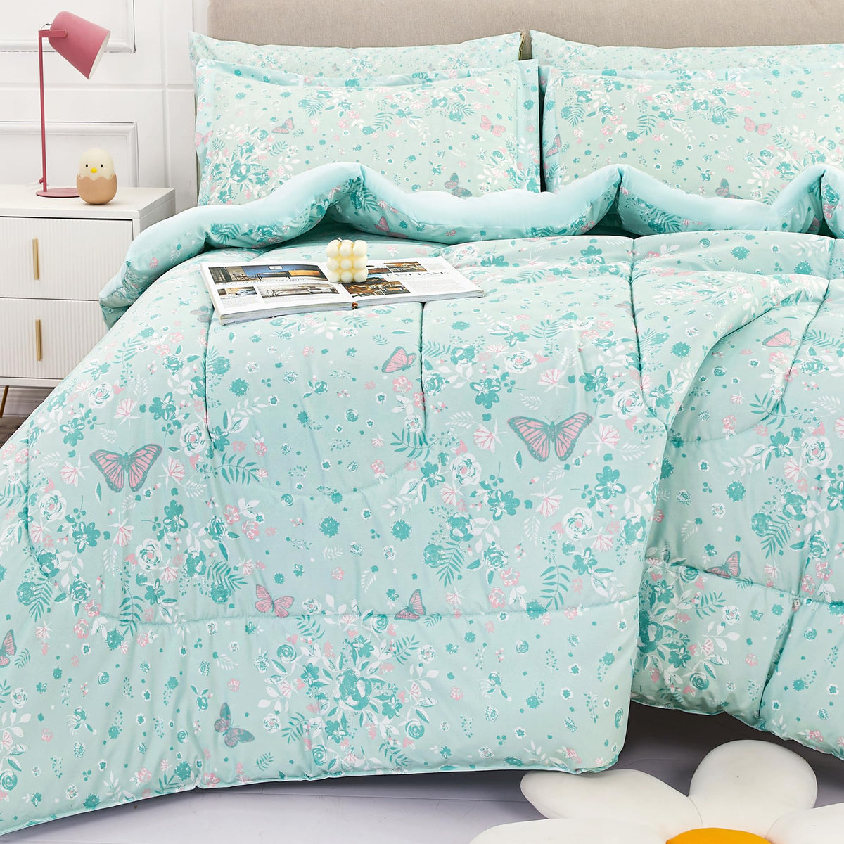 Viviland front view of green butterfly comforter set shows cheerful bedroom styling and comfort